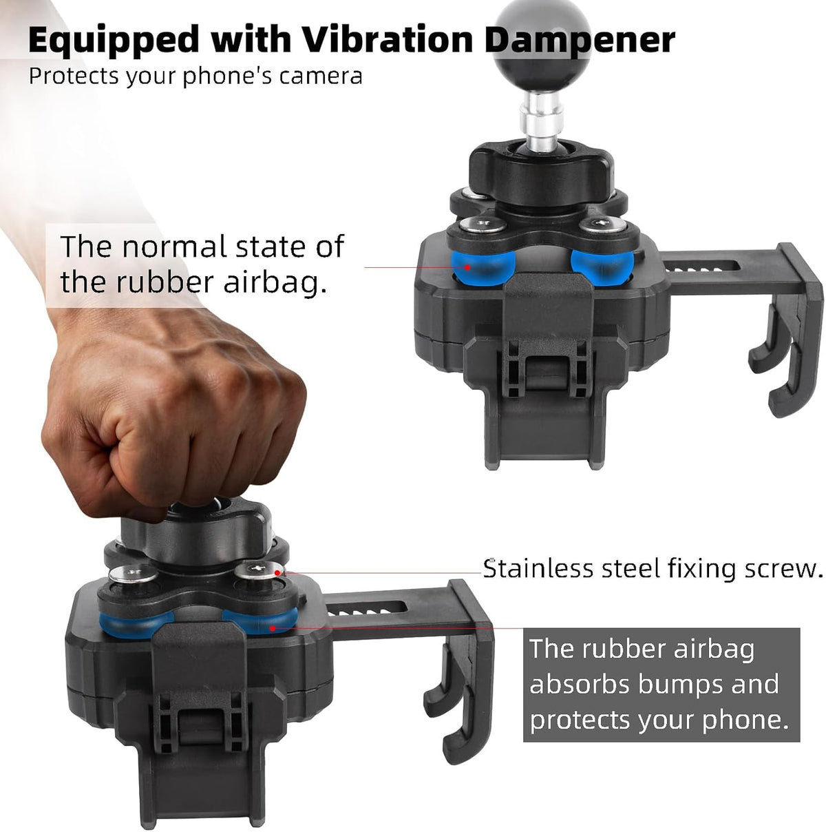 1" Ball Phone Mount Holder with Vibration Dampener ＆ 2.36" Short Double Socket Arm, Compatible with RAM B Size Mounts, Fits 5-7.2'' Phones, for Motorcycle Bike Boat ATV UTV Car Truck