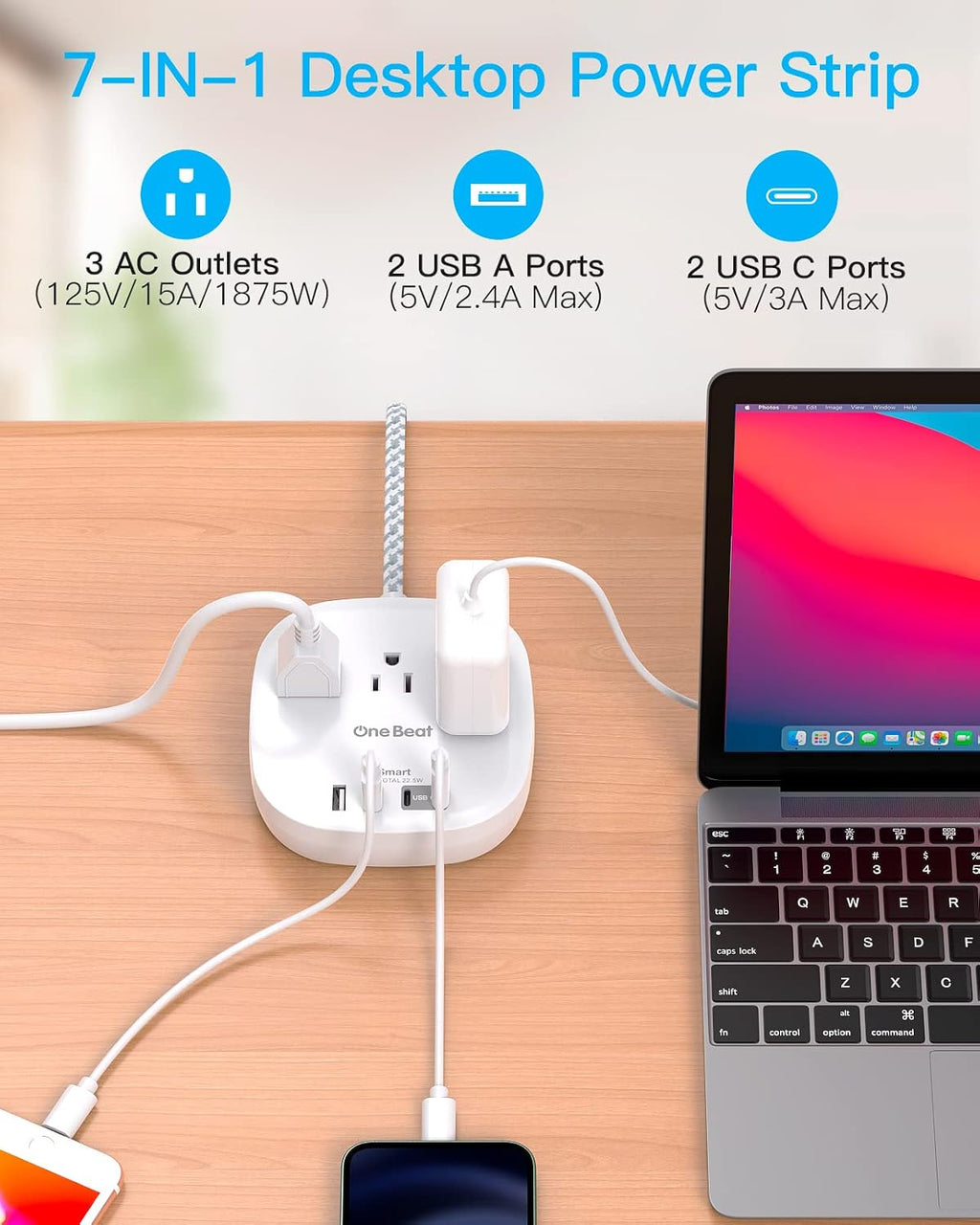 Cruise Ship Travel Essentials, 3Ft Short Extention Cord, 22.5W/4.5A, White