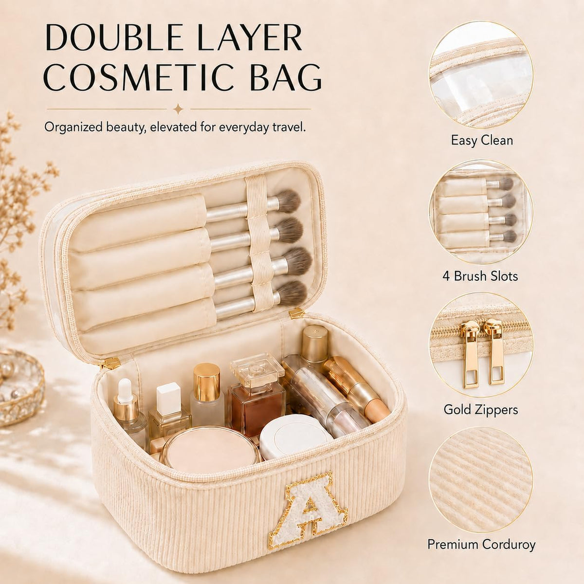 Initial Makeup Bag for Women, Double Layer Corduroy Cosmetic Bag, Preppy Letter Travel Toiletry Pouch, Large Capacity Makeup Organizer for Travel, Purse, Vanity & Gifts (Beige, G)