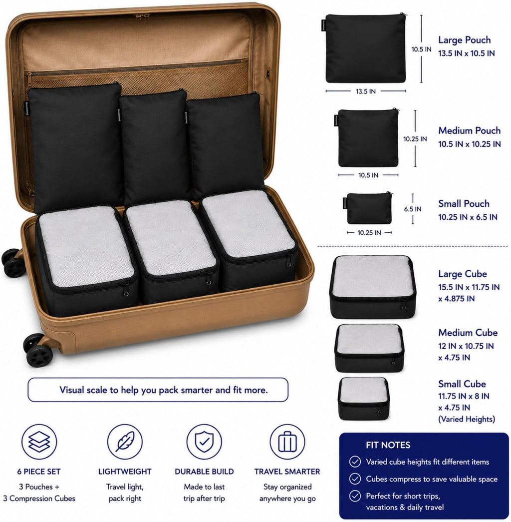 Brookstone Compression Packing Cubes, 6 Piece, Lightweight