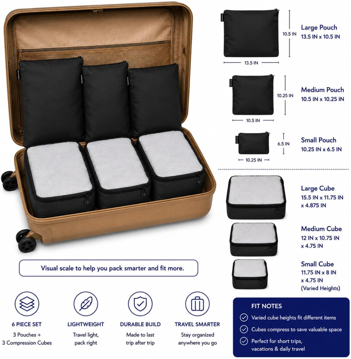 Brookstone Compression Packing Cubes, 6 Piece, Lightweight
