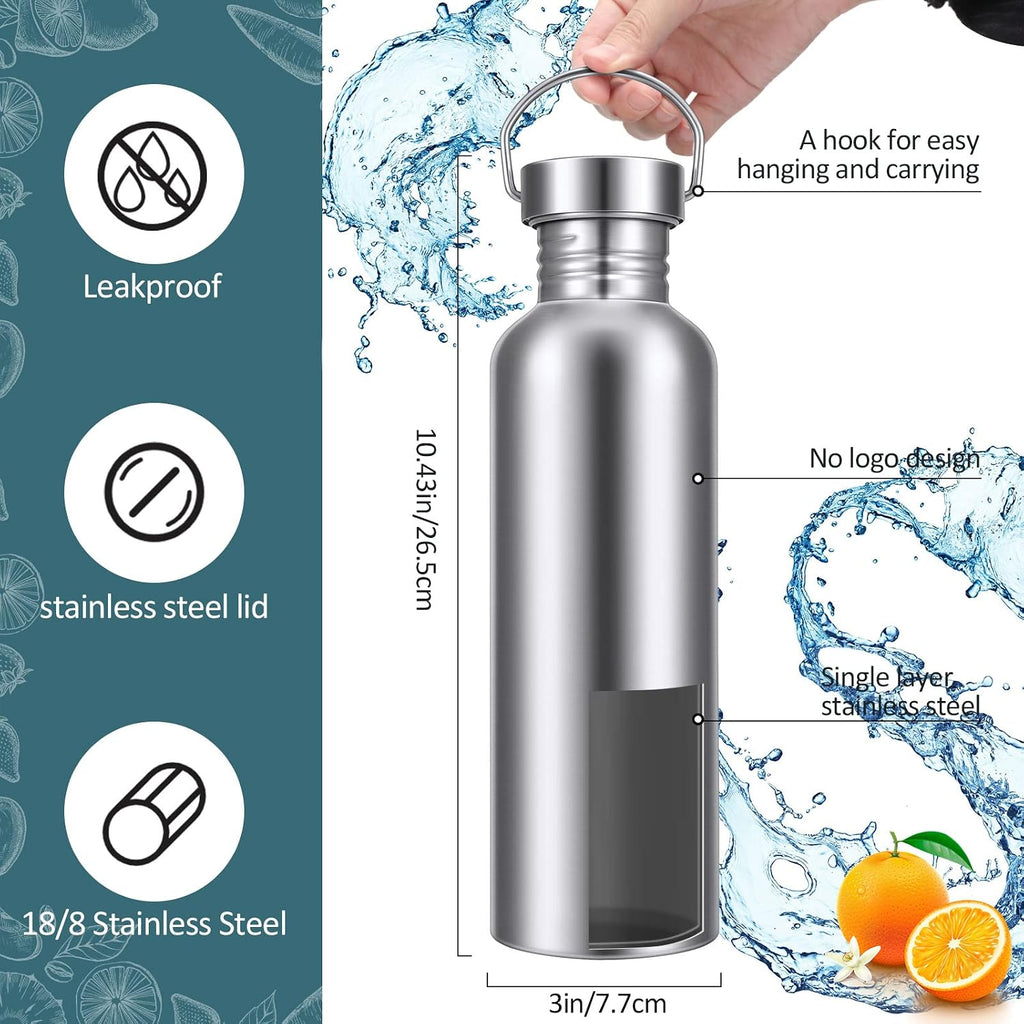 CHENGU 4 Pack Single Wall Stainless Steel Water Bottles 304 18/8 Metal Teachers Gift Water Bottle Camping Bottles for Summer Sports, Cyclists, Runners(Silver,34 oz)