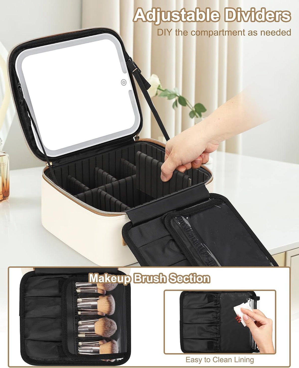 Relavel Birthday Gifts for Women Teen Girls, Initial Makeup Bag with LED Mirror, Personalized Cosmetic Organizer with 3 Light Modes, Rechargeable Travel Bag with Compartment & Adjustable Dividers - Z