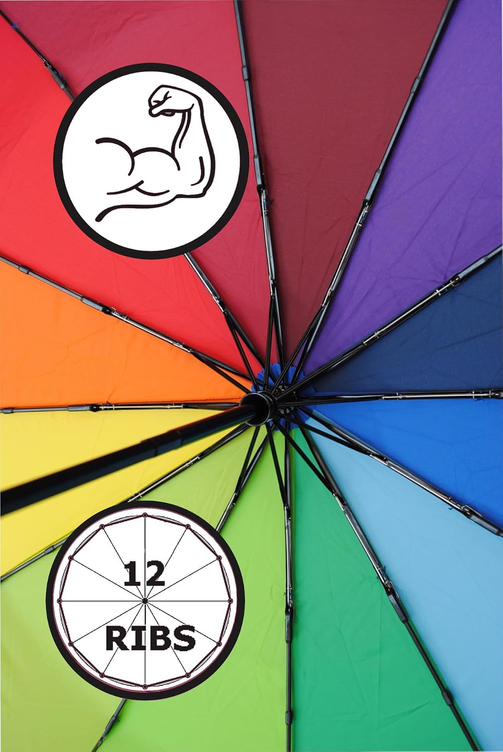 Rare 12 Rib Strong Compact Rainbow Umbrella for Rain - Auto Open and Close