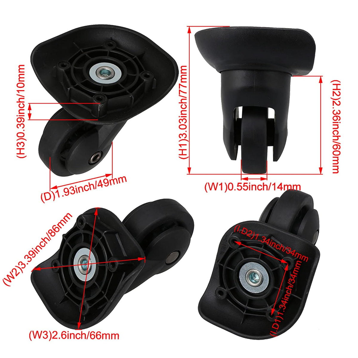 1 Pair Replacement Wheels 360 Swivel Suitcase Casters for Luggage Black (W293)