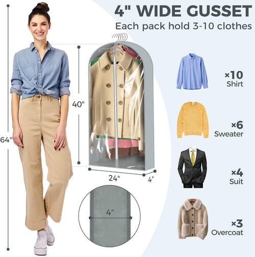 10 Pcs 40" Garment Bags for Hanging Clothes, Clear Suit Bags for Closet Storage Clothing Storage, Garment Bags Shoulder Covers with 4" Gussets for Coats, Jackets, Shirts and Sweater