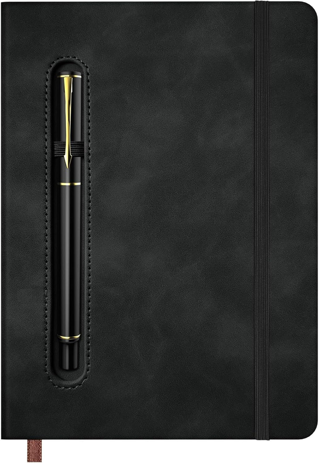 A5 Leather Notebook with Pen and Pen Holder, 224 Pages 100 GSM Thick Lined Paper Hardcover Journal for Men Women, College Ruled Daily Diary for Work Business School Travel - Black
