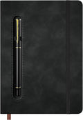 A5 Leather Notebook with Pen and Pen Holder, 224 Pages 100 GSM Thick Lined Paper Hardcover Journal for Men Women, College Ruled Daily Diary for Work Business School Travel - Black