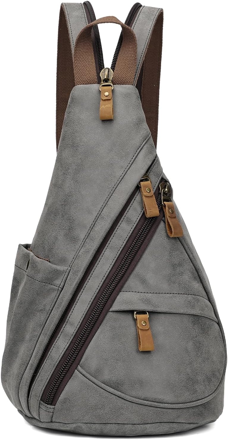 KL928 PU Leather Sling Bag - Small Crossbody Backpack Shoulder Casual Daypack Rucksack for Men Women Outdoor Cycling Hiking Travel (6881-PU-D.Grey)