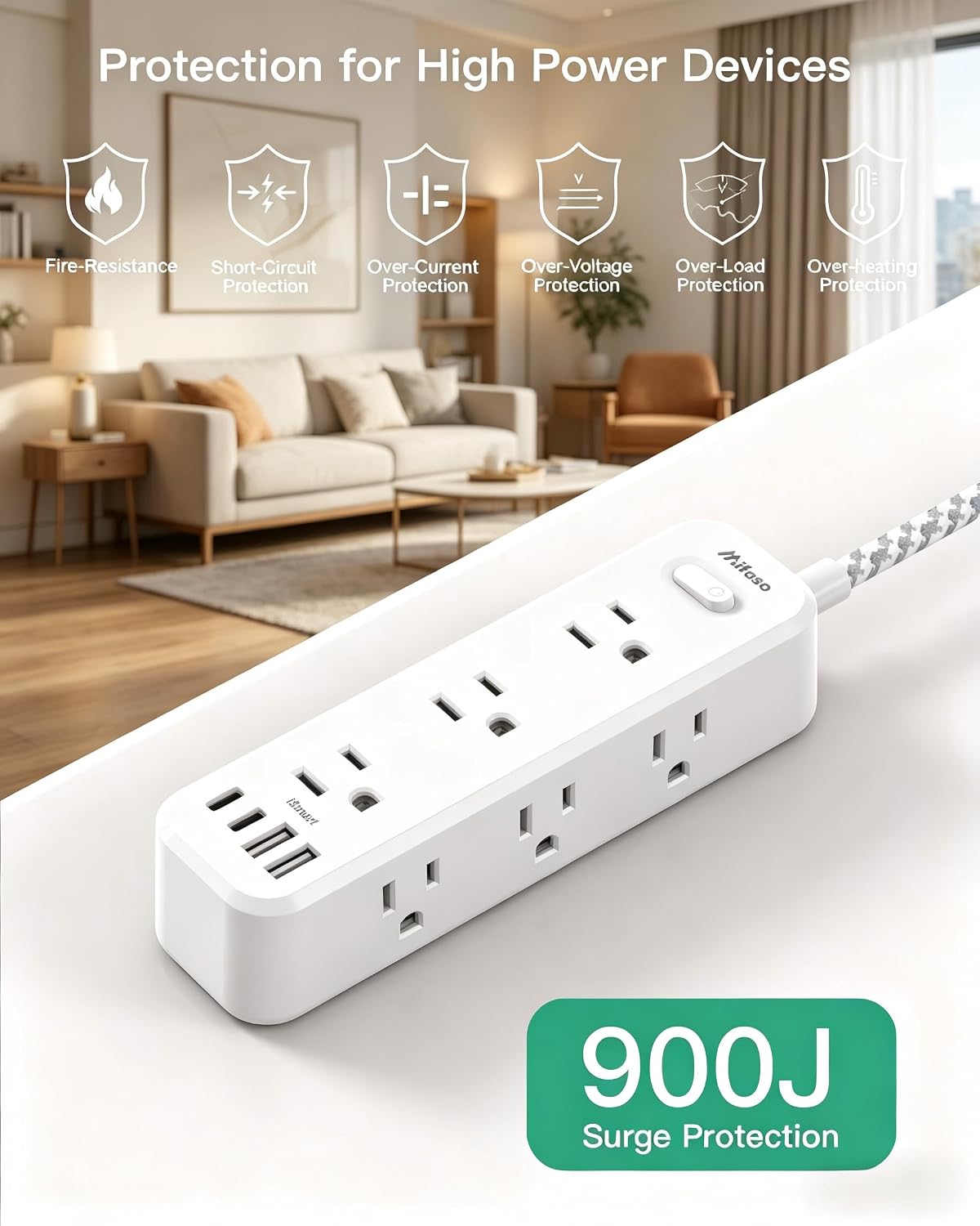 Mifaso Extension Cord, Surge Protector Power Strip, Long Power Strip with 9 Outlets 4 USB Ports, Extension Cord with Multiple Outlets, USB Power Strip for Dorm Room Essentials, College(5FT, White)