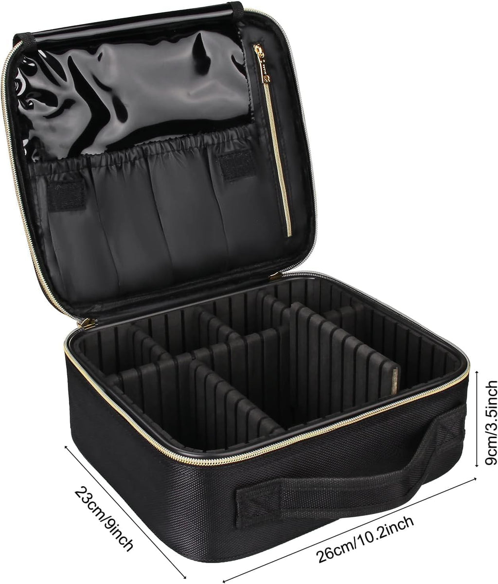 Relavel Travel Makeup Train Case Makeup Cosmetic Case Organizer Portable Artist Storage Bag with Adjustable Dividers for Cosmetics Makeup Brushes Toiletry, Black with Gold Zipper