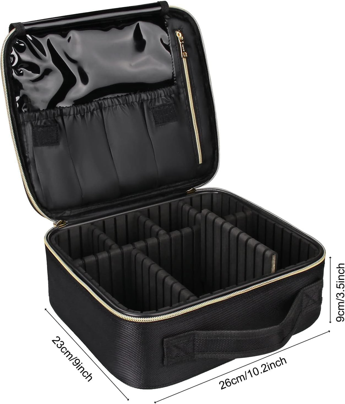 Relavel Travel Makeup Train Case Makeup Cosmetic Case Organizer Portable Artist Storage Bag with Adjustable Dividers for Cosmetics Makeup Brushes Toiletry, Black with Gold Zipper