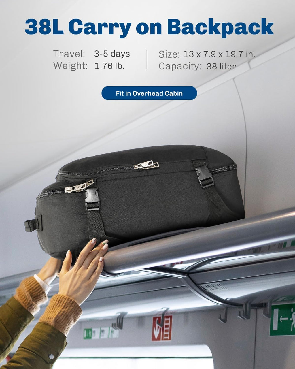 Hynes Eagle 38L Flight Approved Backpack Carry On Travel Bag for Men Women