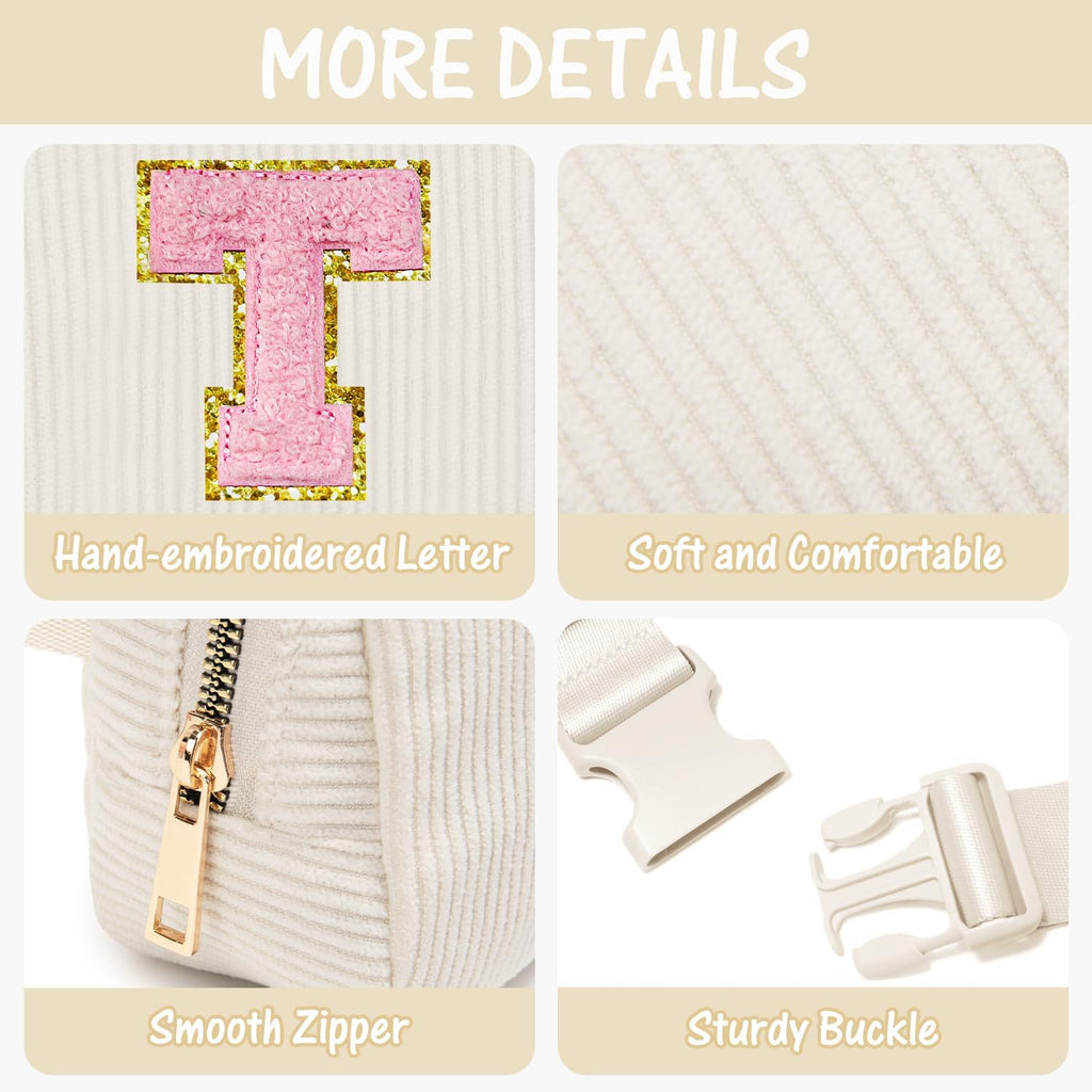 Gitus Gifts for Teen Girls Birthday Gifts for Daughter Sister Friends Initial Belt Bag Fanny Pack Crossbody Bags Girls Gifts Age 6-8 8-10 10-12 Trendy Stuff Travel Essentials (Ivory-T)