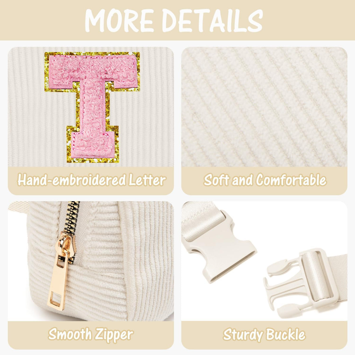 Gitus Gifts for Teen Girls Birthday Gifts for Daughter Sister Friends Initial Belt Bag Fanny Pack Crossbody Bags Girls Gifts Age 6-8 8-10 10-12 Trendy Stuff Travel Essentials (Ivory-T)