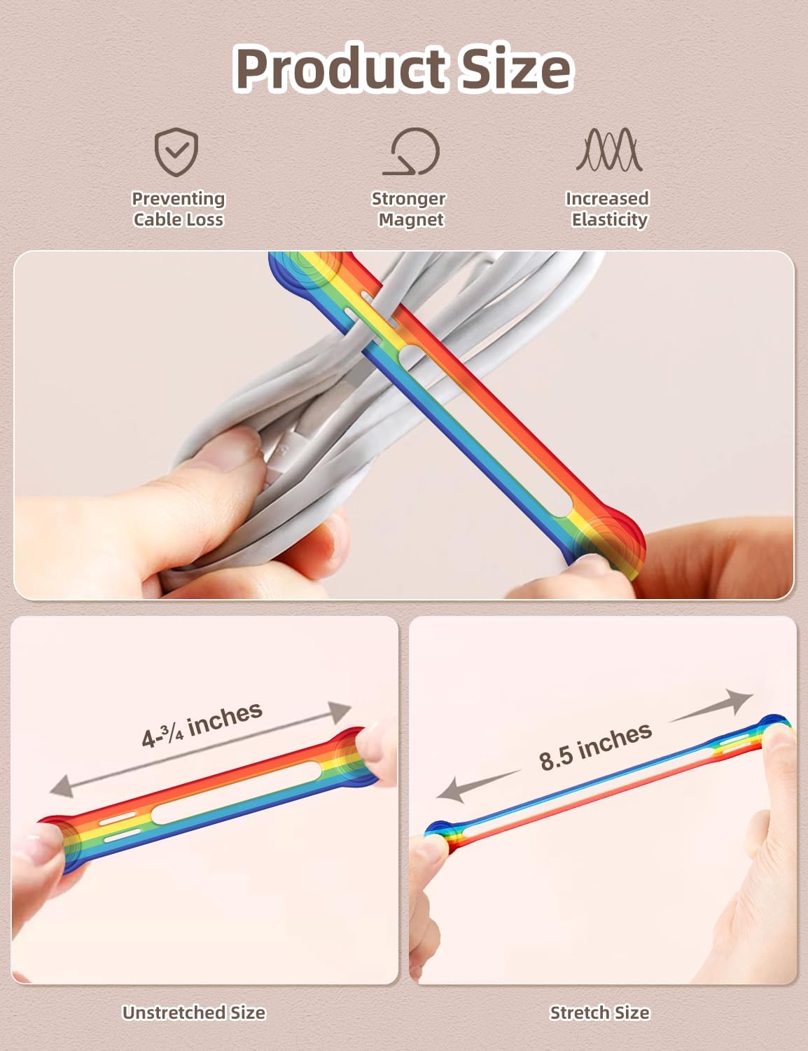 Kanemc 8 Pack Magnetic Cable Tie, 4.72'' Silicone Long Cord Ties