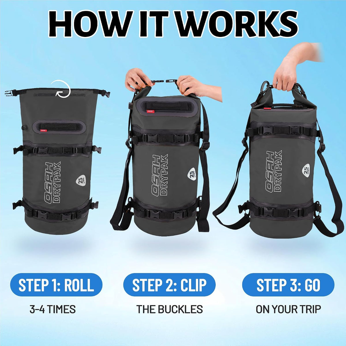 OSAH DRYPAK 25L Waterproof Dry Bag - Motorcycle Luggage Tail Bag with Straps for Back Seat, Roll Top Lightweight Waterproof Backpack Sack for Travel, Swimming, Boating, Kayaking, Camping and Beach