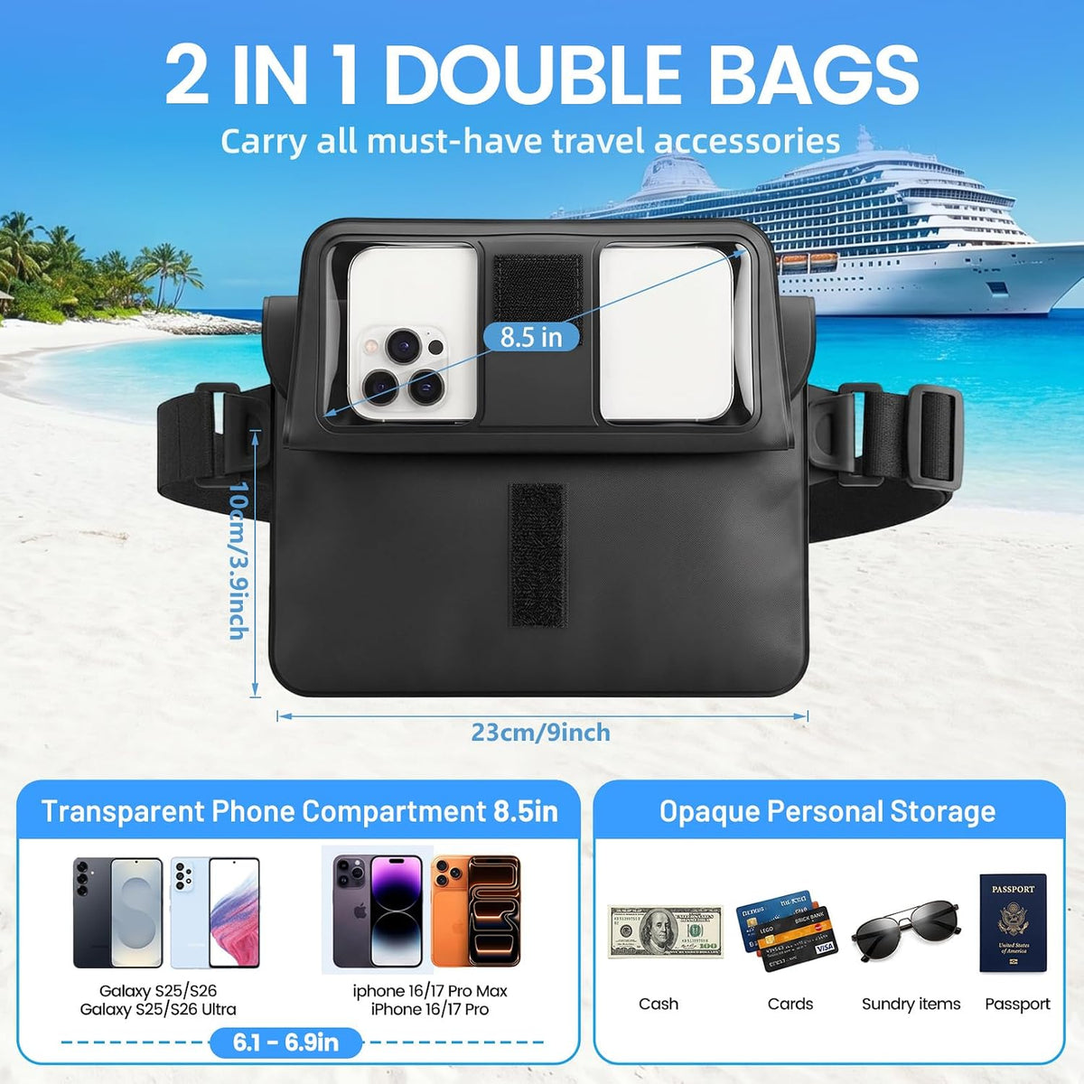 Niveaya Double Space Waterproof Fanny Pack, IPX8 Waterproof Dry Bag Waist Pouch for Beach, Kayaking, Swimming, Boat Travel Essentials, Waterproof Phone Bag & Passport Holder for Women Men(2 Pack)