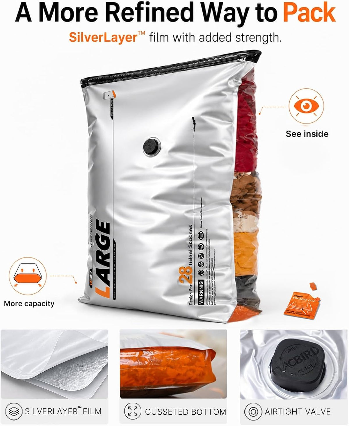 Vacbird Travel Vacuum Bags for Luggage with Cordless Pump