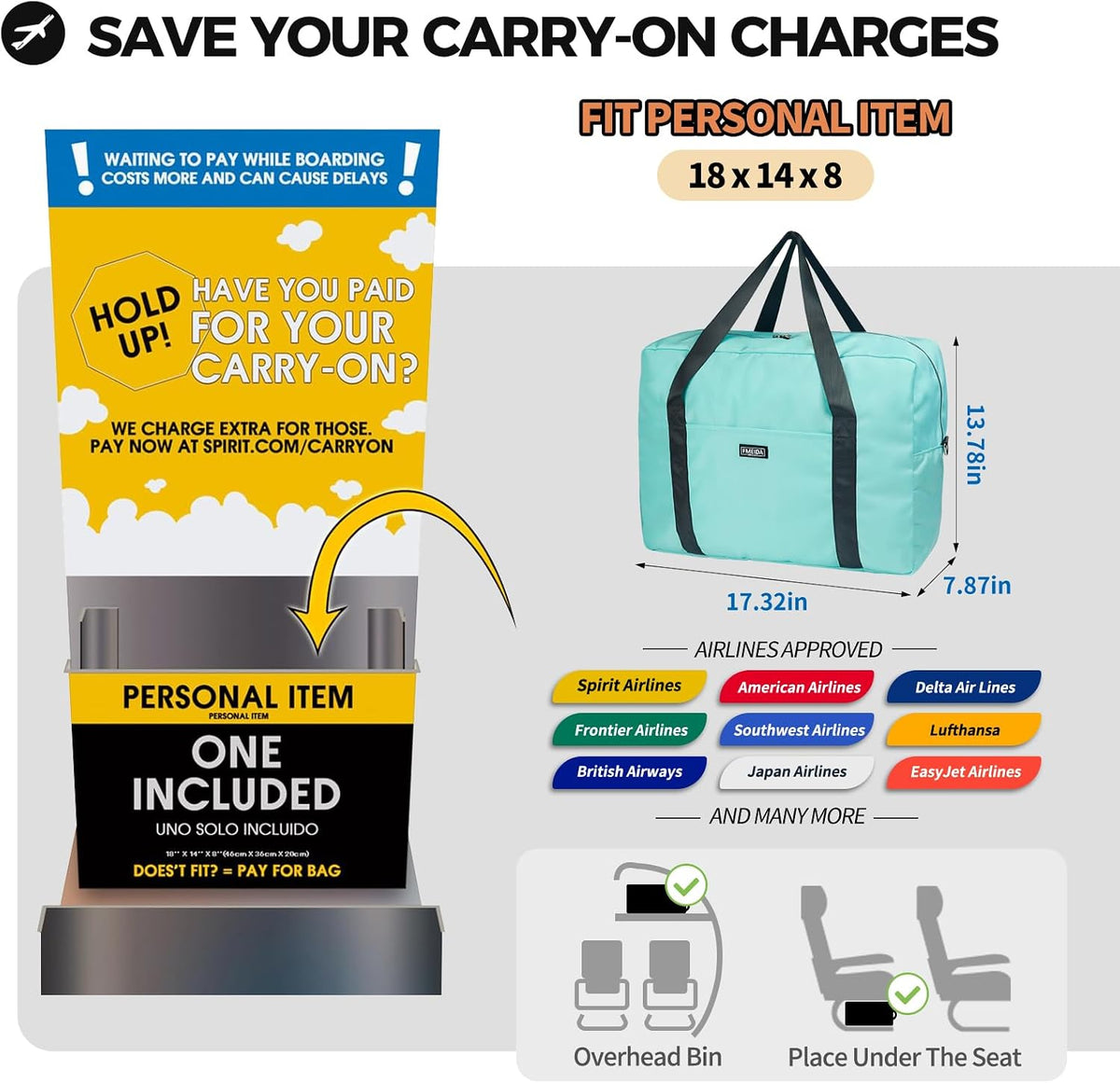 For Frontier Airlines Personal Item Bag 18x14x8 Travel Duffel Bag Carry on