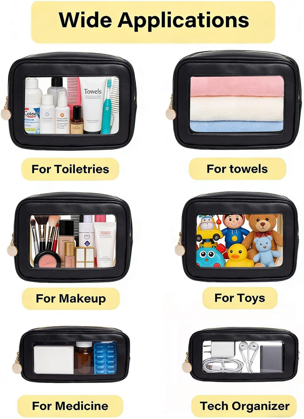 3-Piece Travel Clear Makeup Bag Set, Small Large Clear Cosemetic Bag with Makeup Brush Bag Waterproof Makeup Pouch with Zipper Toiletry Bags For Traveling Car Accessories for Women (Black Set)