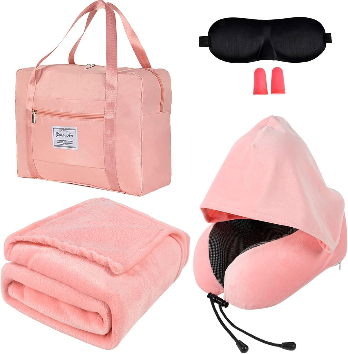 Travel Blanket and Pillow Set - Hooded Neck Pillow Airplane Essentials Pink