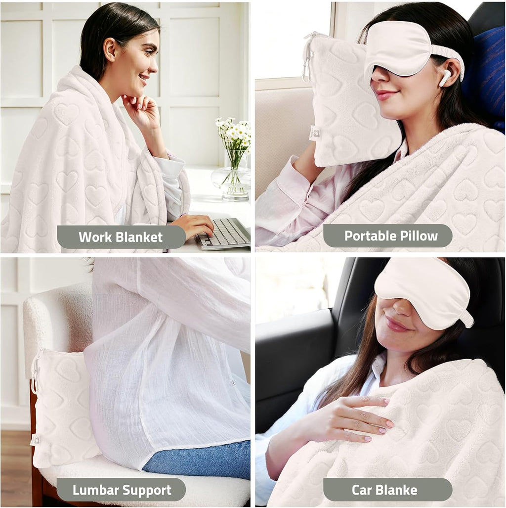 Travel Blanket, Airplane Blanket, Ultra-Soft, Warm & Lightweight, 65x40 in, Outdoor Blanket Essentials for Women, Men & Kids, Included Eye Mask, Luggage Sleeve & Backpack Clip Heart Cream
