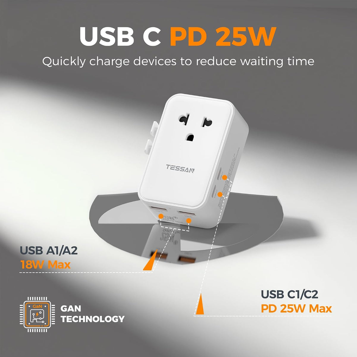 TESSAN Universal Travel Adapter PD 25W, White