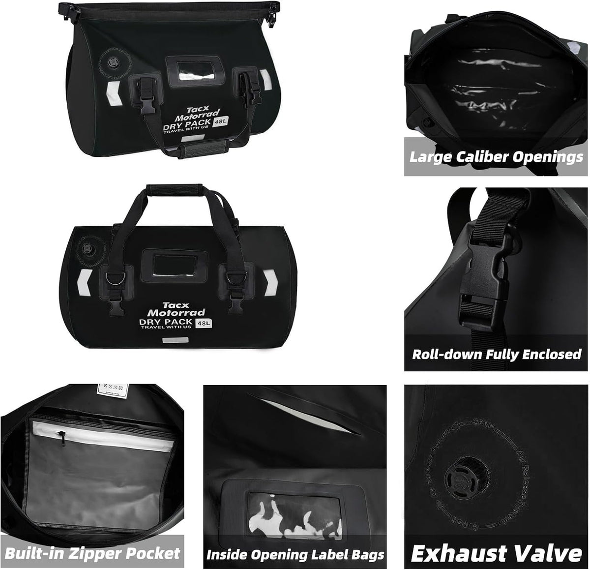 Waterproof Duffel Bag, Roll-top Dry Bag Tail Bag with Large Storage Space, Waterproof Luggage Duffle Bags with Quick-fixed Straps for Camping, Rafting,Kayaking, Traveling, 48L-Black