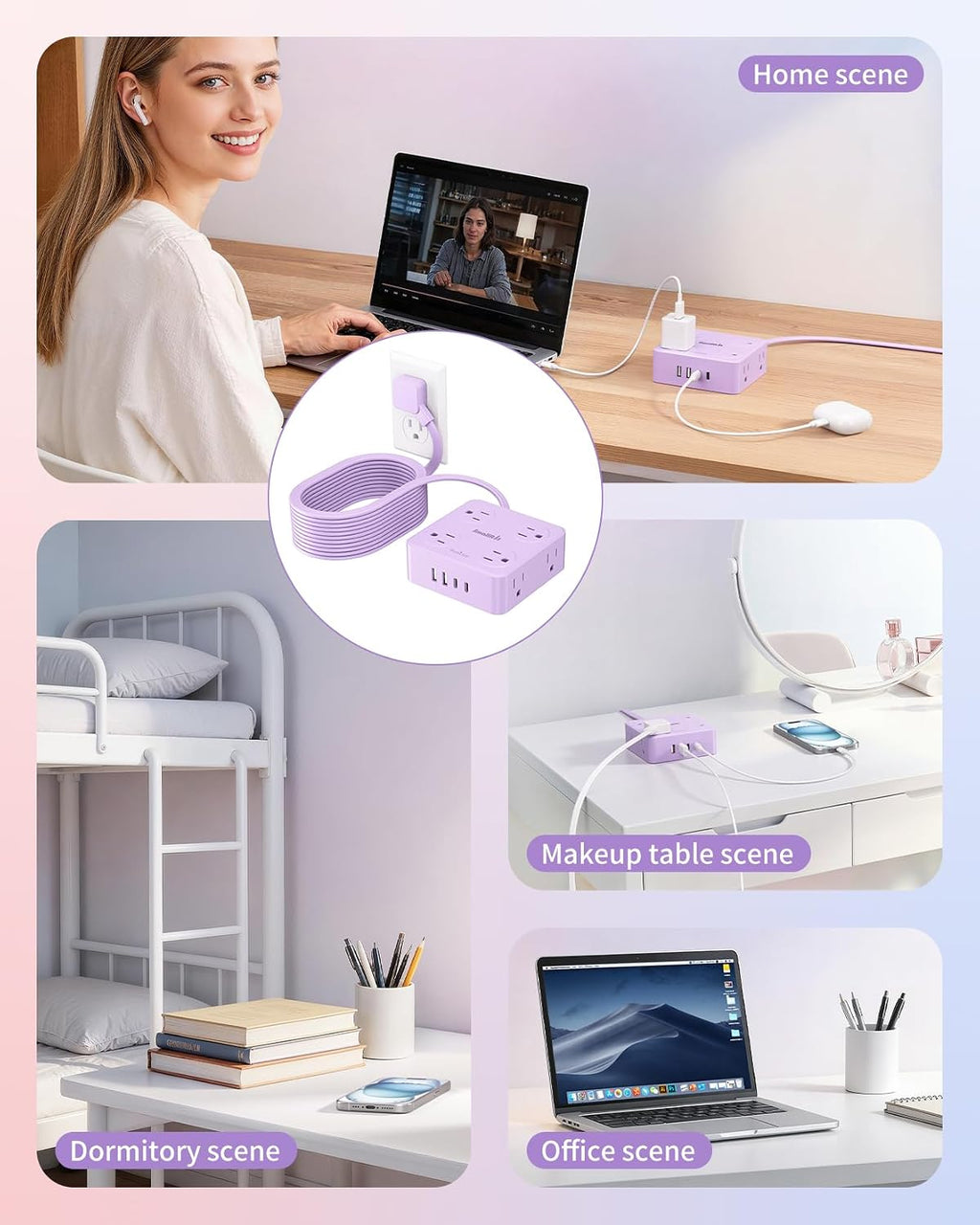 Extension Cord with Multiple Outlets, SMALLRT 10FT Flat Plug Power Strip, Power Strips with USB Ports, 8 Outlets, Outlets Extender for Home Office, Purple