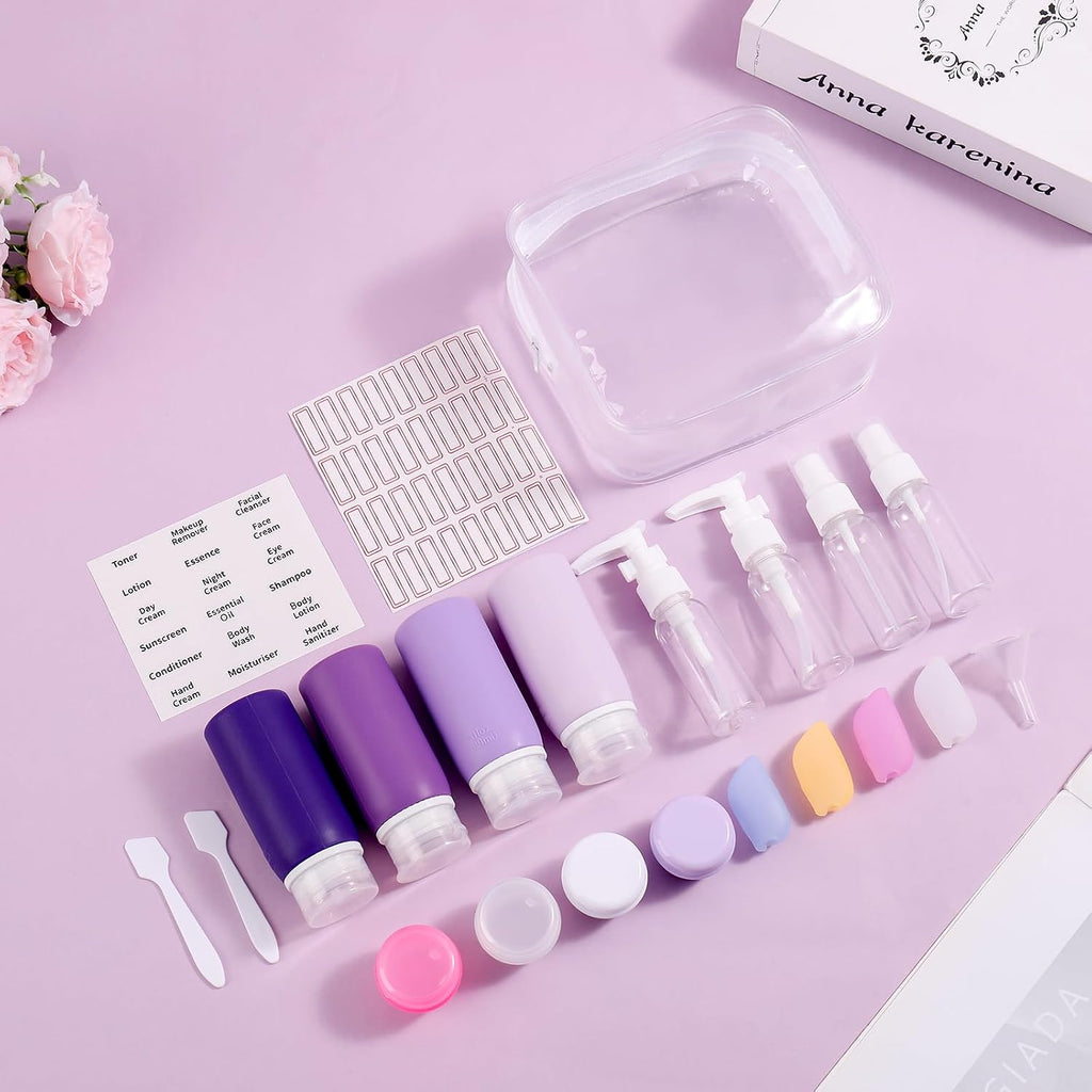 Muslish 21 Pack Travel Bottles for Toiletries, Leak-Proof TSA Compliant Silicone Travel Size Containers for Shampoo and Conditioner, BPA Free with Toiletry Bag (Purple)