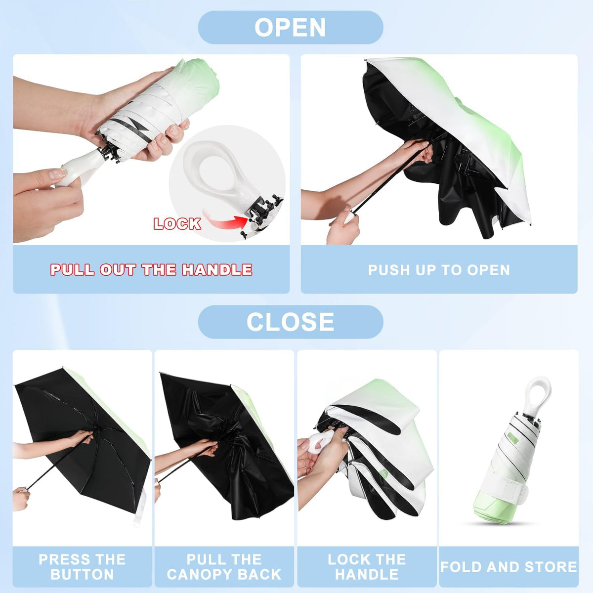 Gradient UV Umbrella UPF 50+, Mini Sun Parasol Foldable Compact Travel Size