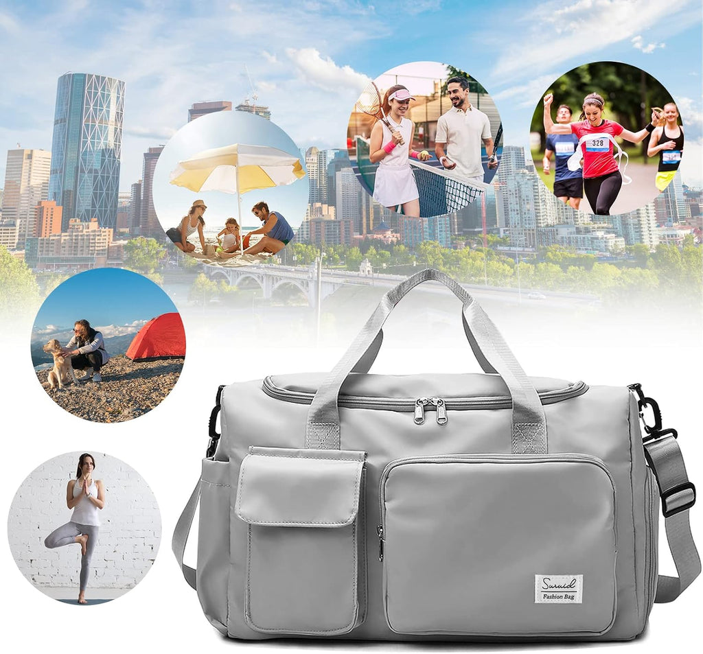 Suruid Gym Bag with Shoe Compartment, Sports Duffle Bag for Women, Gray
