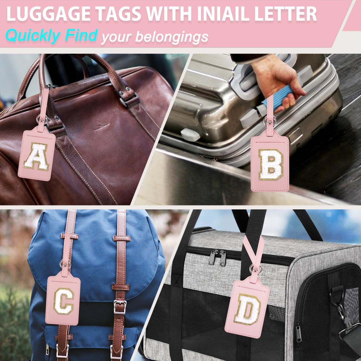 Personalized Initial Luggage Tags for Suitcases, Leather Chenille Letter Cute Luggage Tags with Privacy Name Card, Embroidered Travel Bag Backpack Tag Gifts for Women Kids Girls Teens(Pink-R)