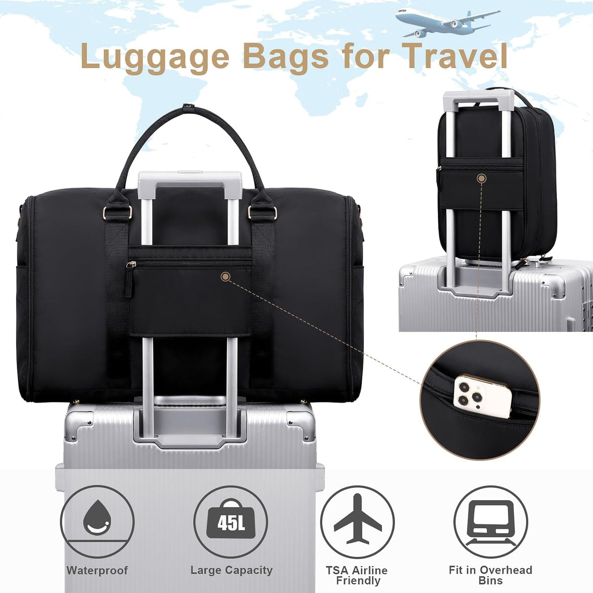 Scothen Convertible Travel Garment Bag,Carry On Garment Duffle Bag with Toiletry and Shoe bag,Garment Bags for Travel,2 in 1 Hanging Dress Suitcase Suit Travel Bags for Women with USB Charging Port