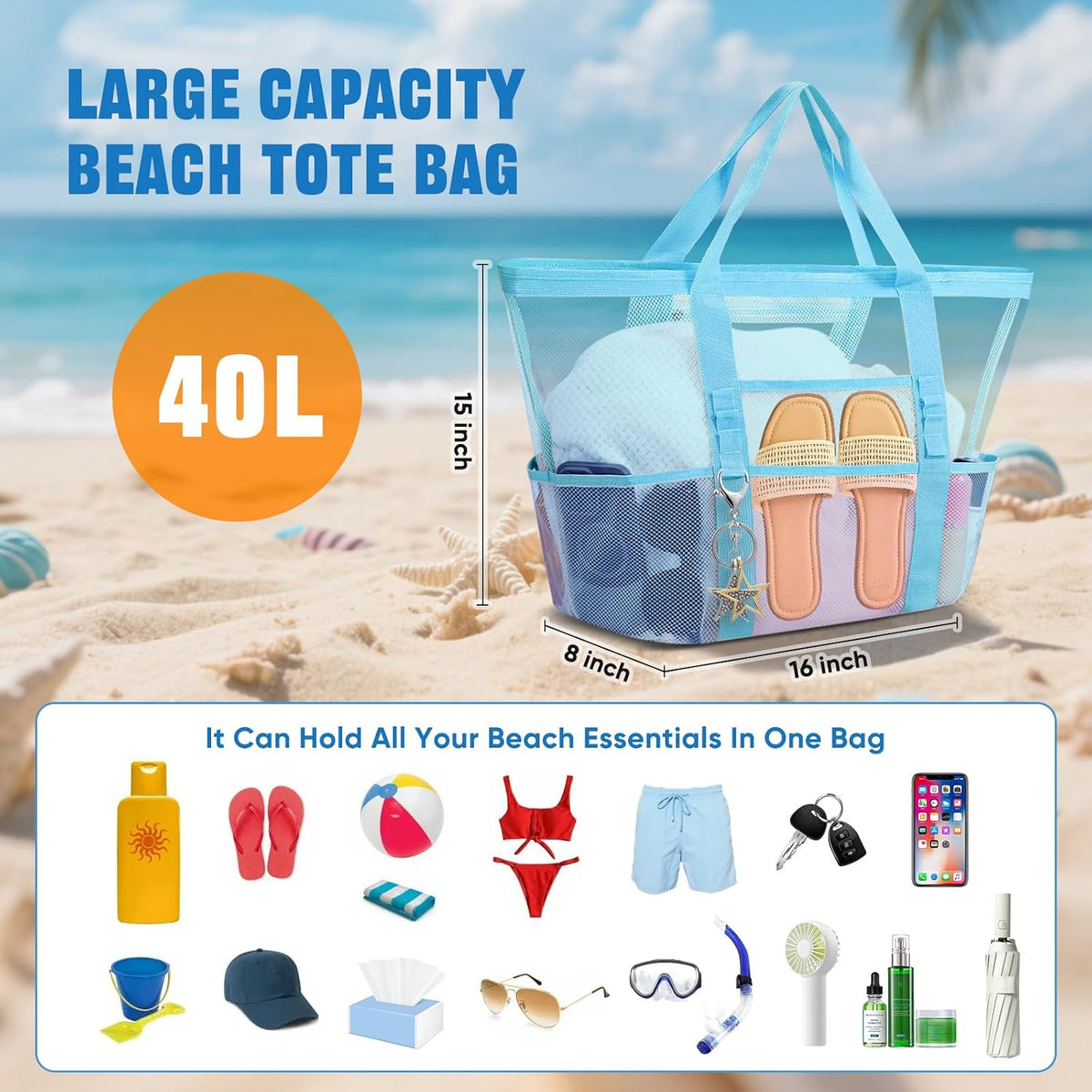 Large Mesh Beach Bag for Women, Sandproof 9-Pocket Beach Tote Bag, Quick-Drying Pool Bag for Travel Vacation