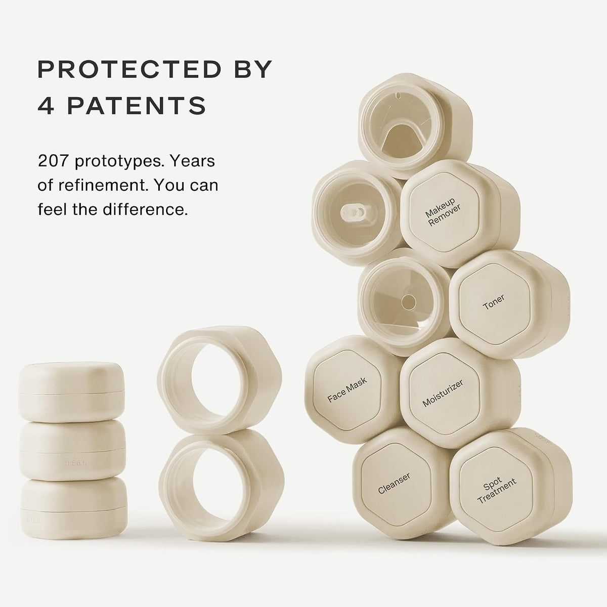 Cadence Travel Containers - 6 Piece Haircare Set - Magnetic Travel Capsules - 2 Small & 4 Medium Capsules - Shampoo, Conditioner, Leave-In Conditioner, Comb, Hair Serum, Hair Gel Labels - Sand
