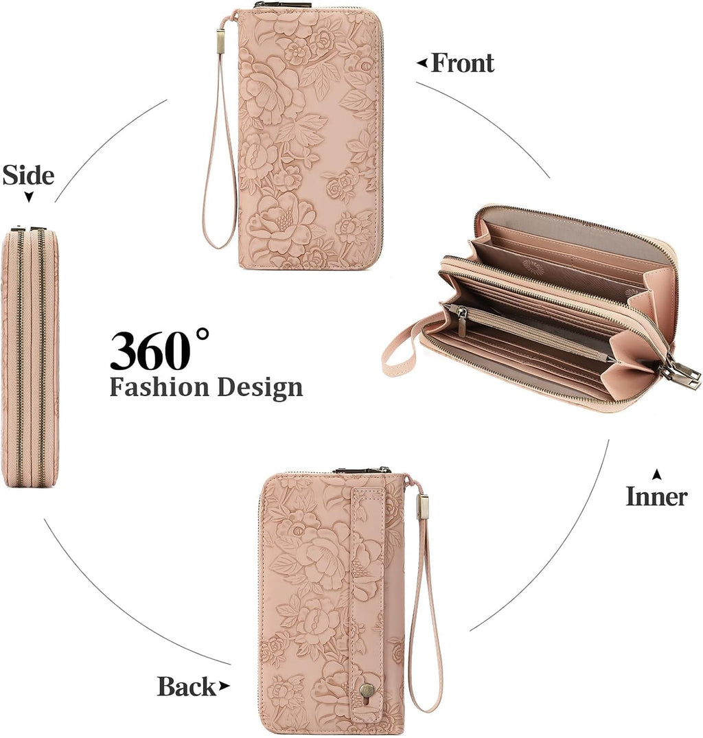 GAEKEAO RFID Leather Wristlet Wallet for Women with Grip Strap
