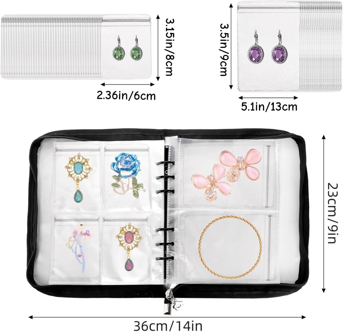 91 Slot Transparent Jewelry Organizer Book with Zipper