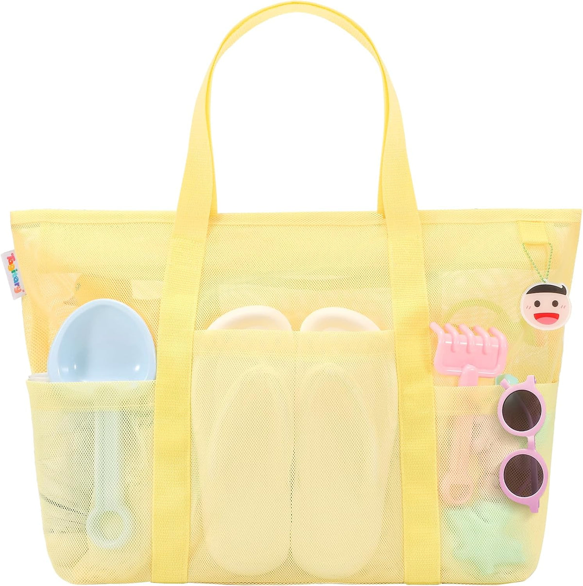 Tagitary Mesh Beach Bag with Zipper and 8 Pockets Yellow & Pink, Large Beach Tote Waterproof Sandproof for Camping Sports Pool Swim Bag Foldable Beach Accessories Storage Travel Bag