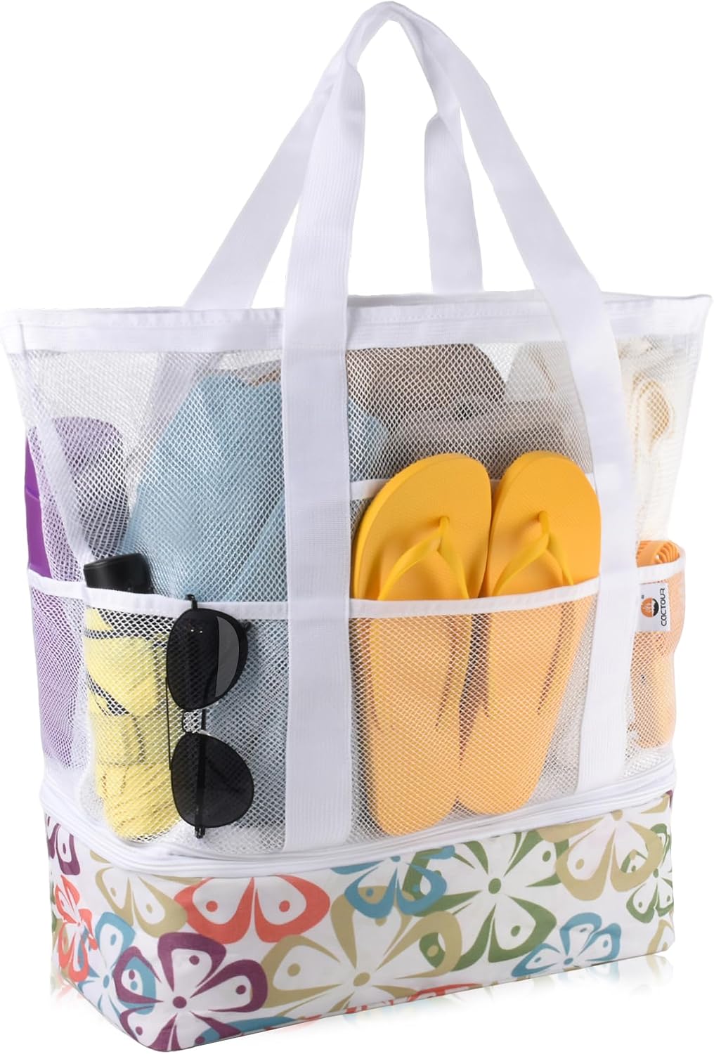 CaCTOUR Beach Bag with Cooler Compartment,Mesh Beach Bag Dry Wet Detachable with Zipper Pockets,Waterproof Sandproof Pool Bag