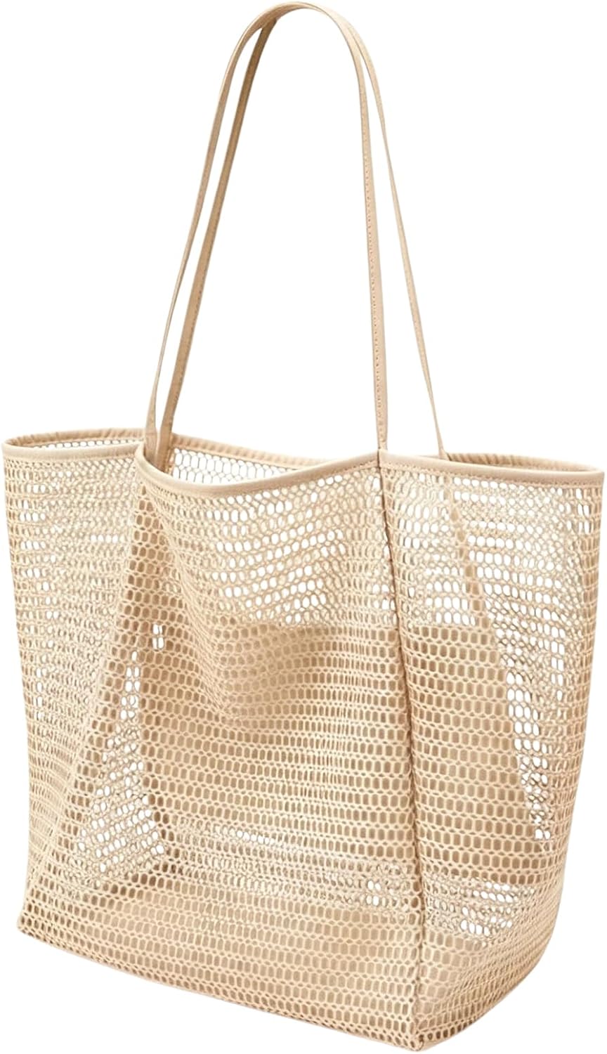 Women's Beach Bags, Lightweight Mesh Tote Bag, Sandproof Woven Shoulder Handbag with Zipper Pocket for Pool Travel
