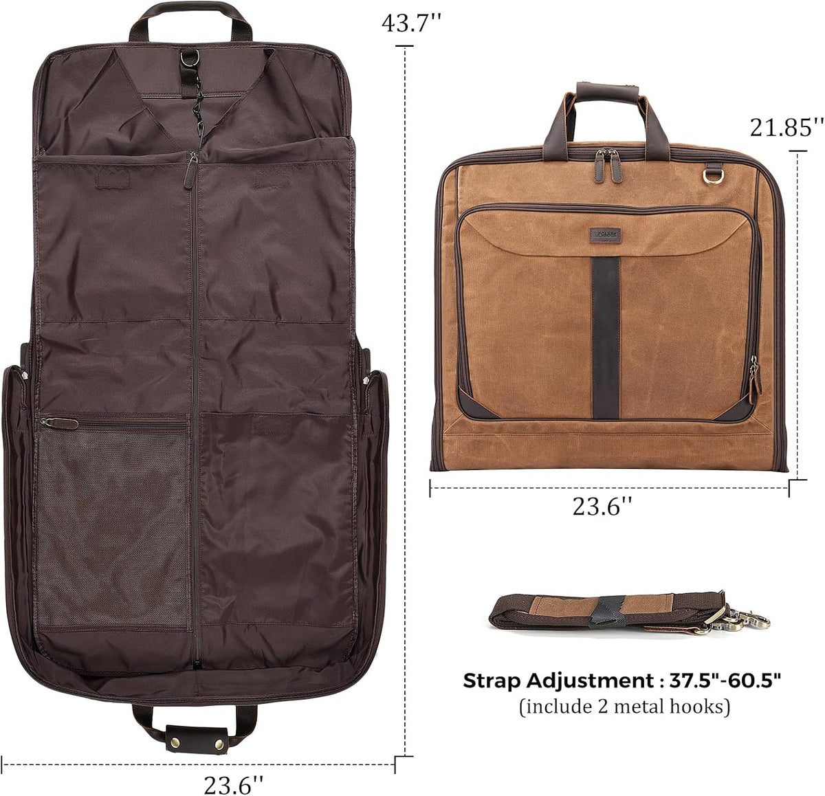 Polare Waxed Canvas Full Grain Leather Trim Garment Carry on Bag for Business Travel, Waterproof Hanging Suit Luggage Bag Wrinkle-Free Suit Cover with YKK Zipper and Shoulder Strap