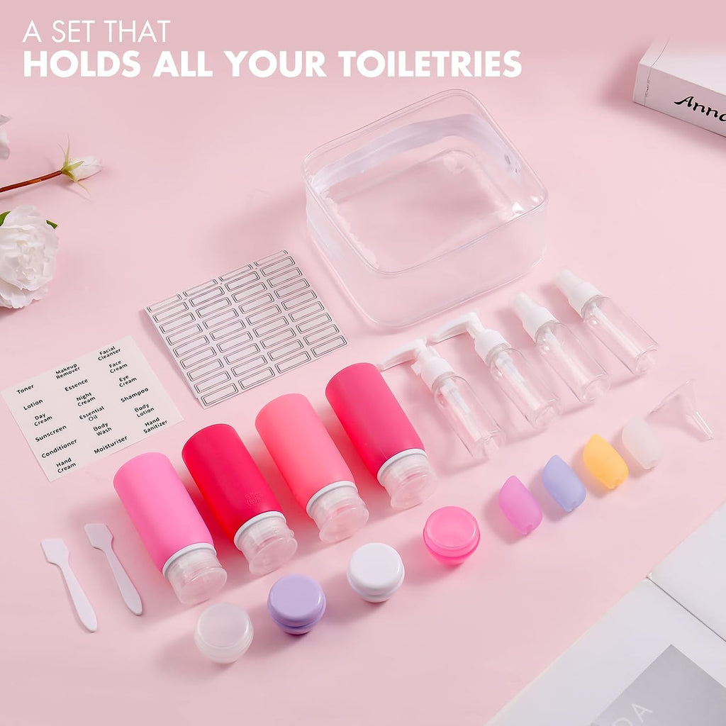 Muslish 21 Pack Travel Bottles for Toiletries, Leak-Proof TSA Compliant Silicone Travel Size Containers for Shampoo and Conditioner, BPA Free with Toiletry Bag (Pink)