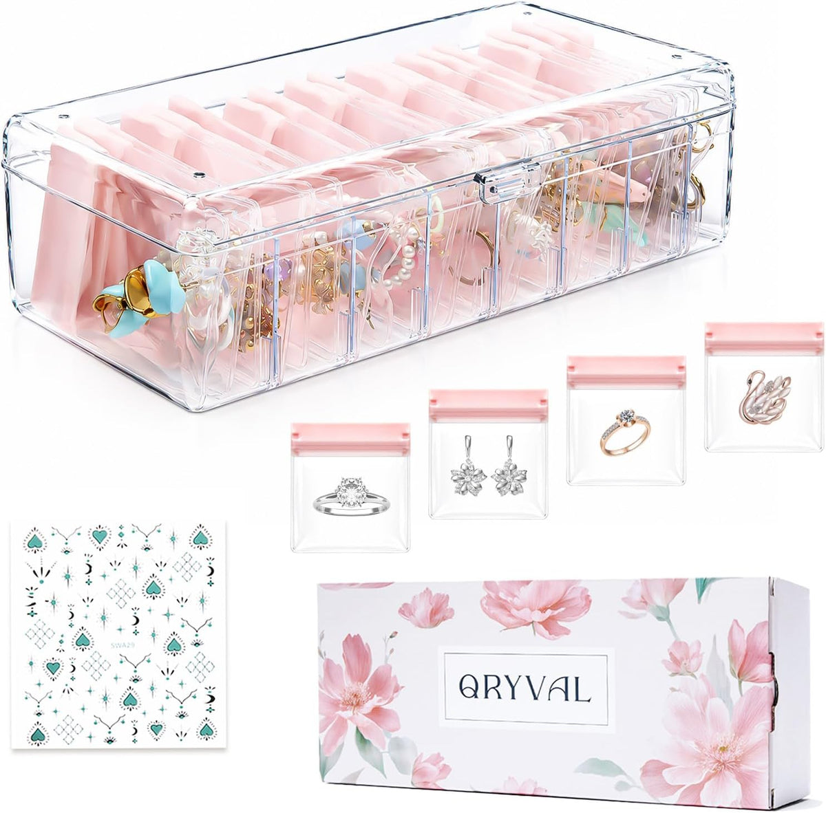 Jewelry Organizer and Storage Box with 24 EVA Anti Tarnish Bags, Travel Acrylic Case for Earrings, Necklaces & Rings, Elegant Gift for Women & Girls (S&Organizer(Clear))
