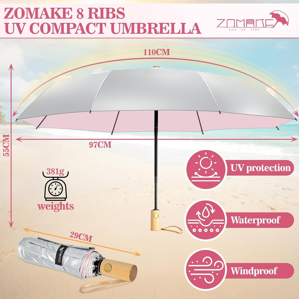 ZOMAKE UV Umbrella for Sun Protection Travel 43/46 Inch