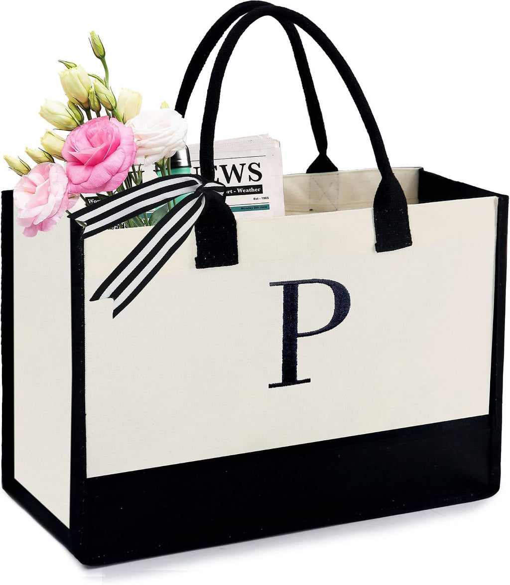 BeeGreen Embroidery Monogram Initial Tote Bag for Women Teacher Mom Friend Personalized Gift for Birthday Beach Work Wedding