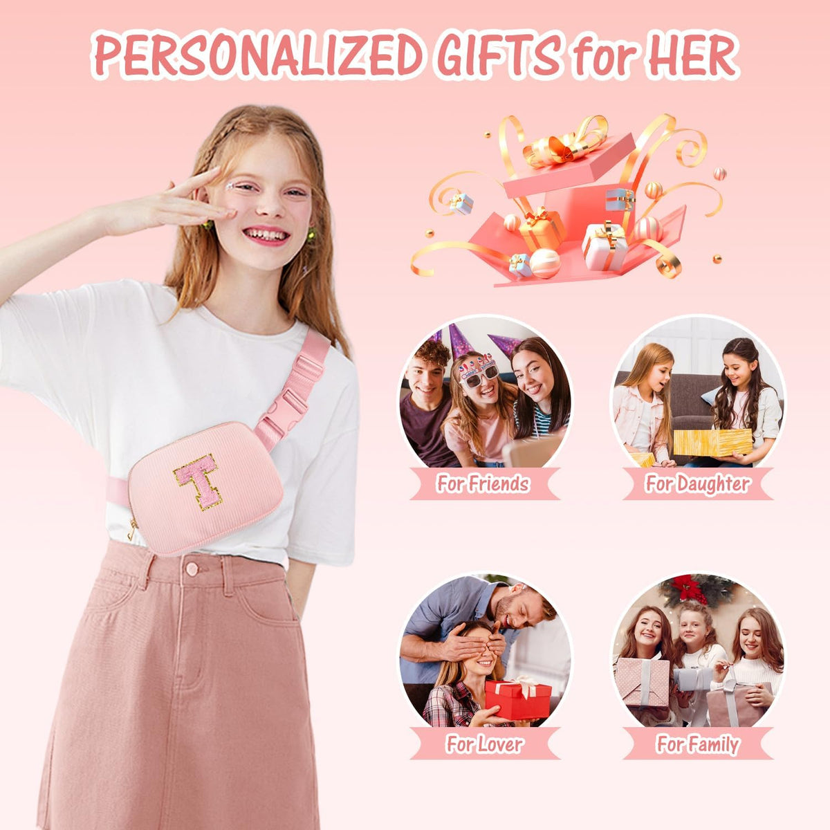Gitus Birthday Gifts for 6 7 8 9 10 11 12 Year Old Girls Thanksgiving Gifts for Teen Girls Daughter Sister Friends Initial Fanny Pack Crossbody Bag Belt Bag Trendy Stuff Teen Girl Gifts (Light Pink-T)