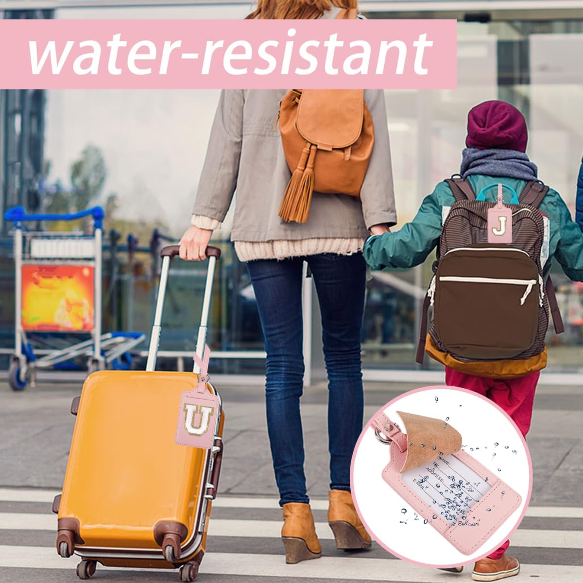Personalized Initial Luggage Tags for Suitcases, Leather Chenille Letter Cute Luggage Tags with Privacy Name Card, Embroidered Travel Bag Backpack Tag Gifts for Women Kids Girls Teens(Pink-R)