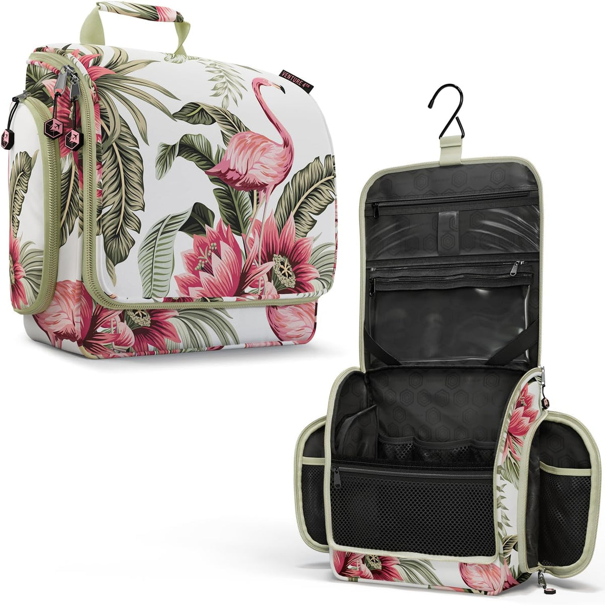 VENTURE 4TH Hanging Travel Toiletry Bag, 17 Compartments - Pink Flamingo